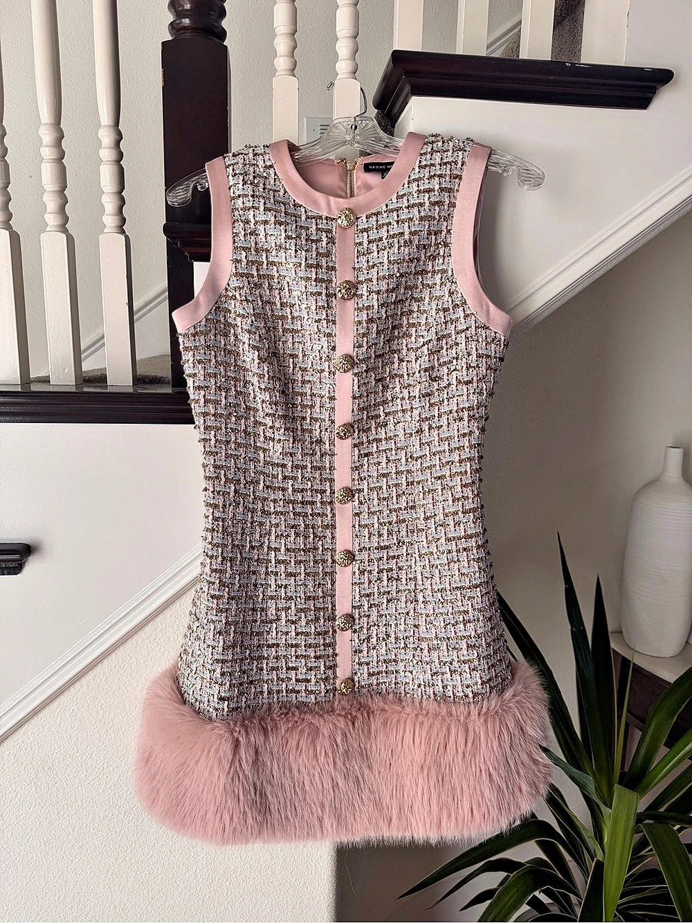 Nadine Merabi Pink Boucle Mini Dress Pink & Multicolor US 4